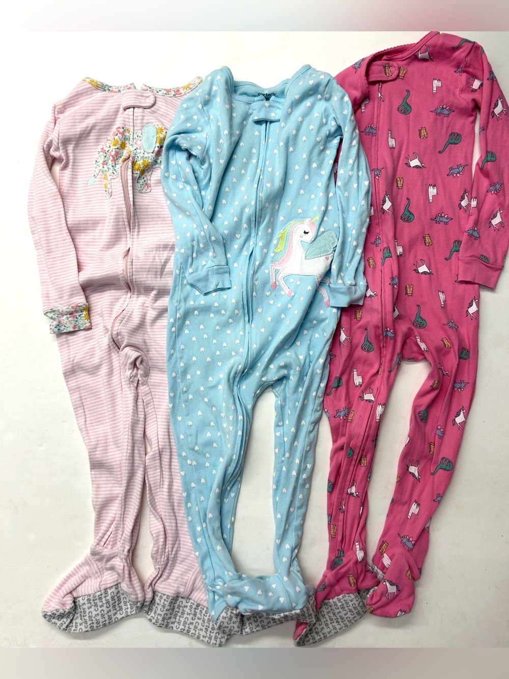 Carter's Blue Unicorn Dinosaurs Elephant Footed One-Piece Pajamas Set of 3